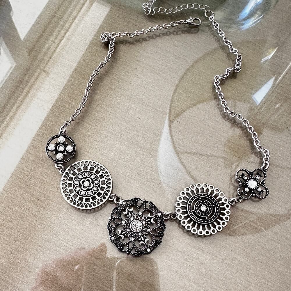 Vintage Silver-Tone Statement Necklace with Clear Rhinestones